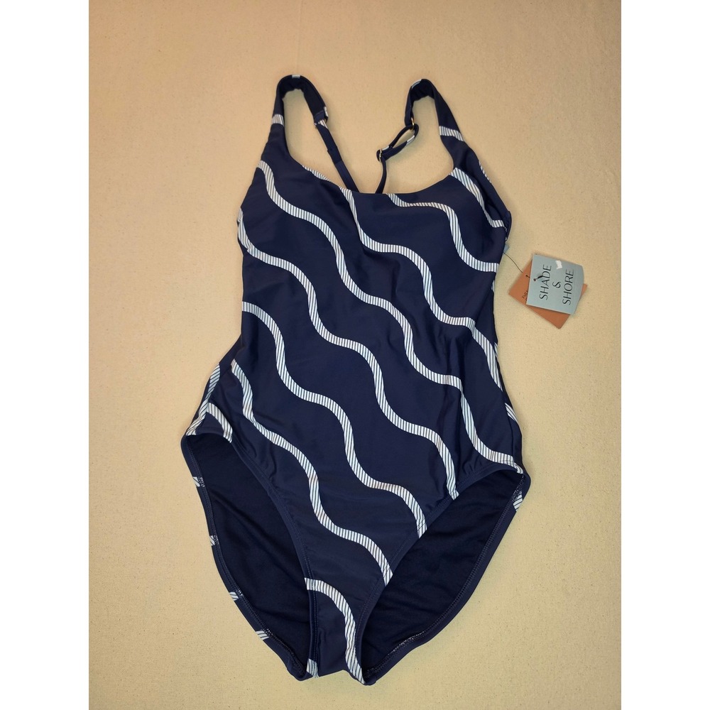 Shade & Shore Scoop Neck One Piece Swimsuit Navy Blue Large NWT